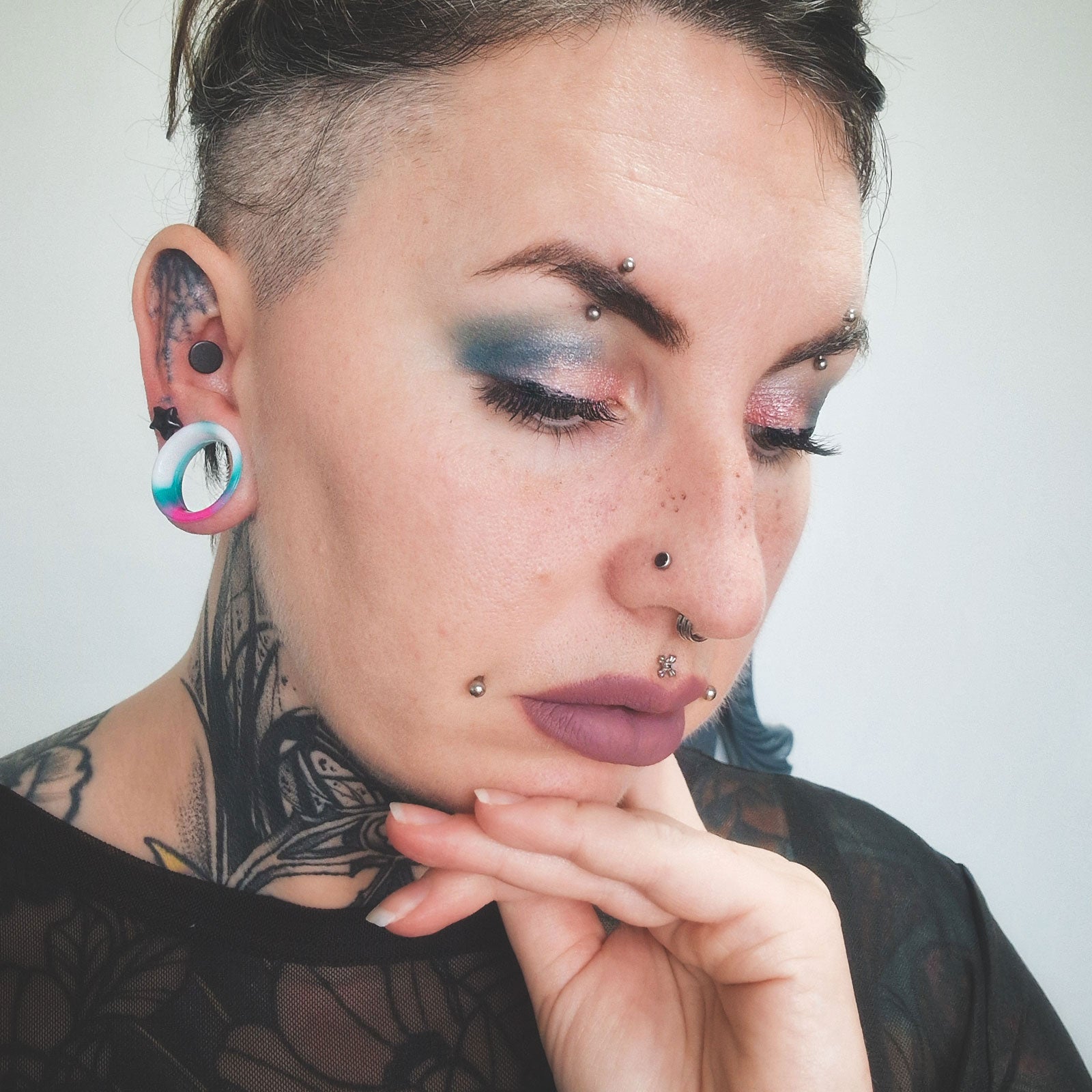 Pink, Green And White Marble Double Flare Silicone Tunnel Model Shot