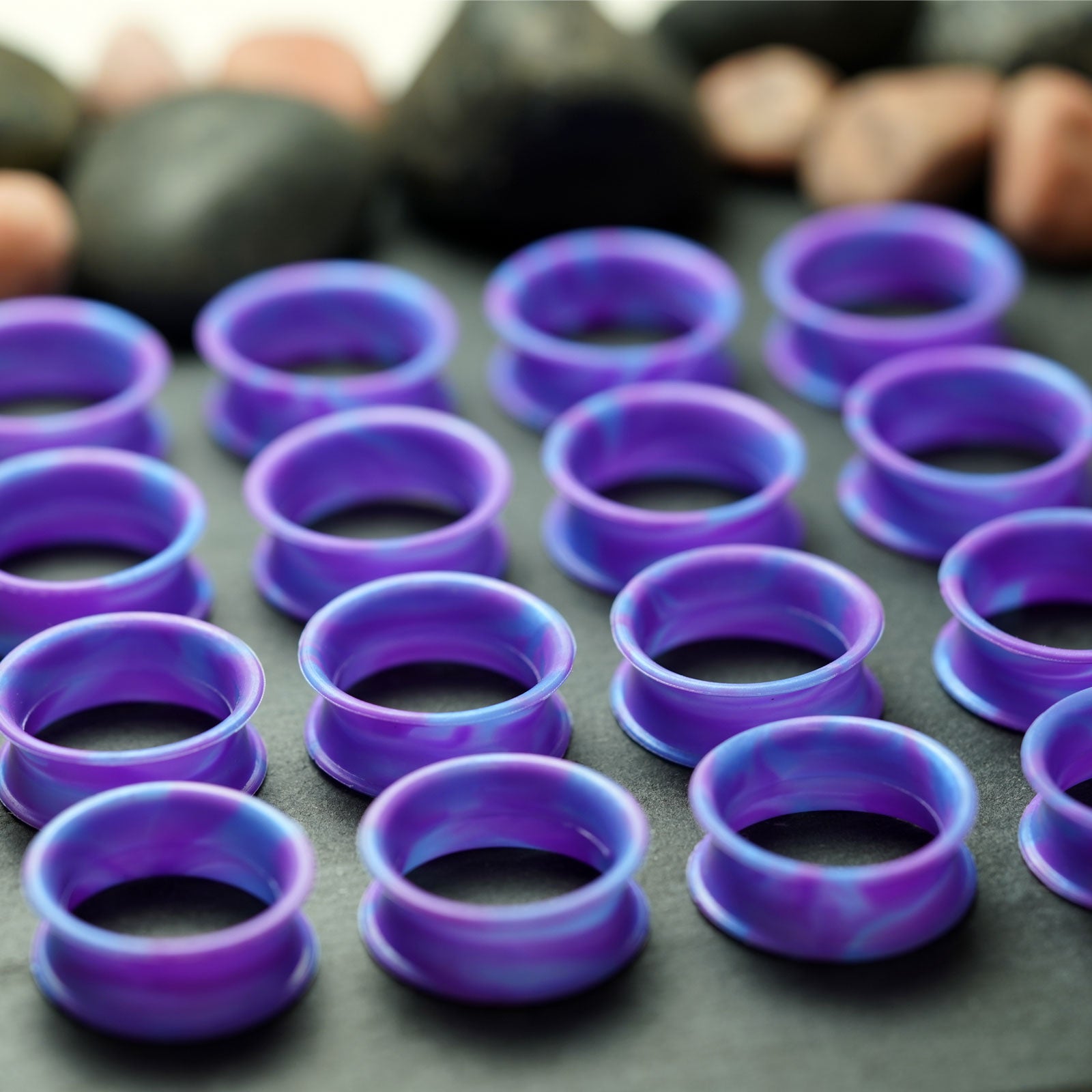 Purple And Blue Ombré Double Flare Silicone Tunnel Group Shot Close Up