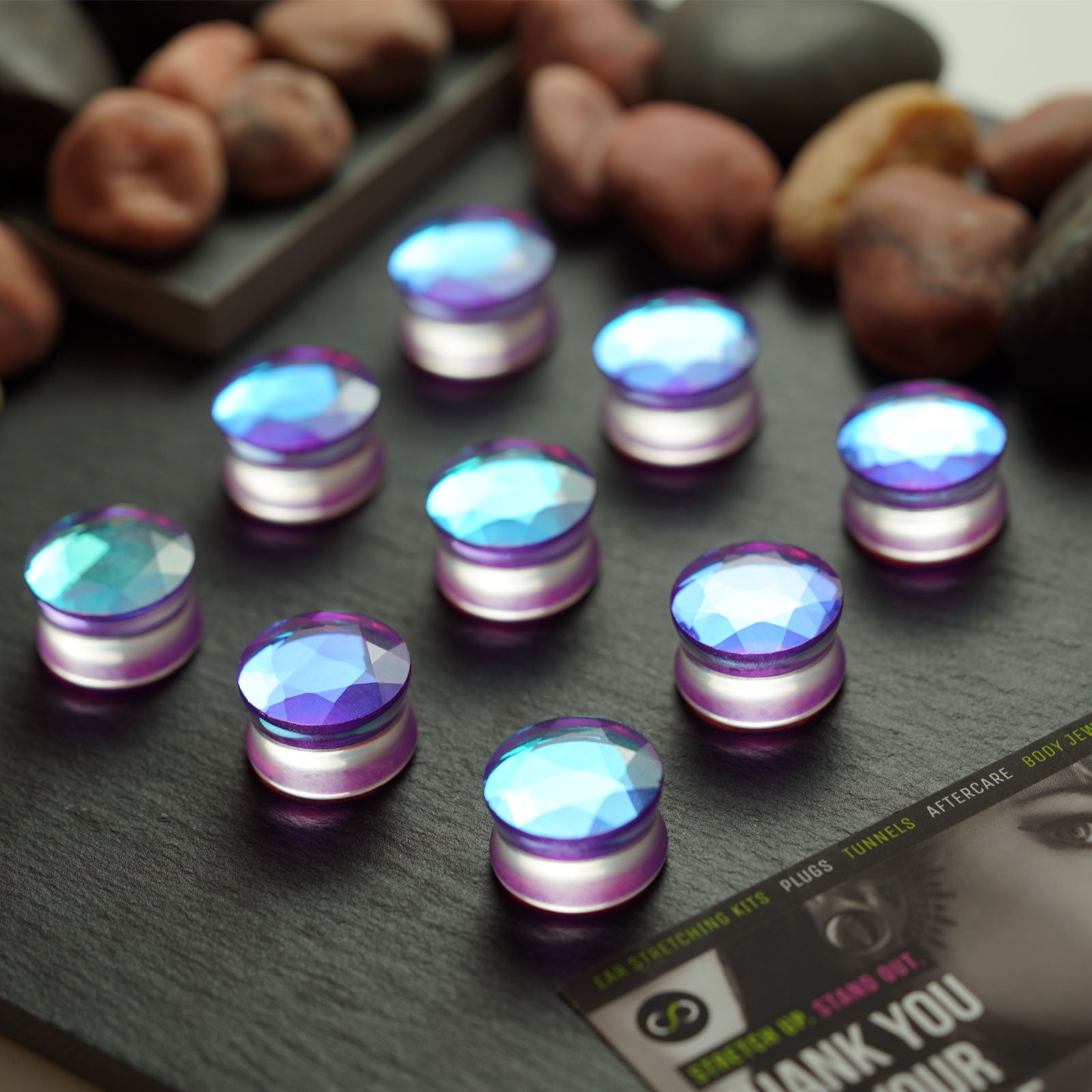 Purple Faceted Aurora Glass Double Flare Plug Group Shot
