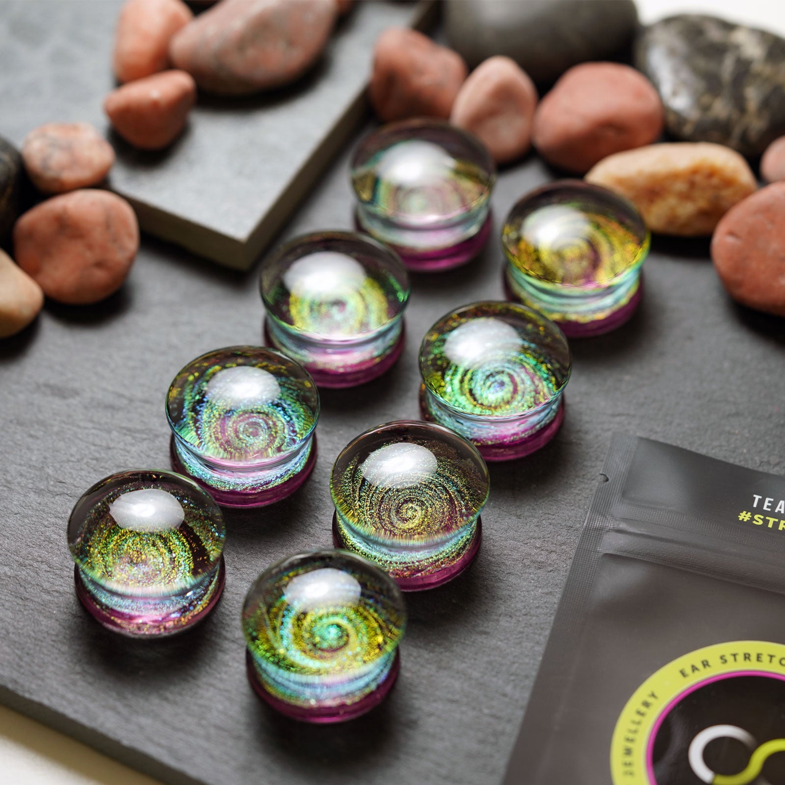 Purple Galaxy Swirl Glass Double Flare Plug Group Shot
