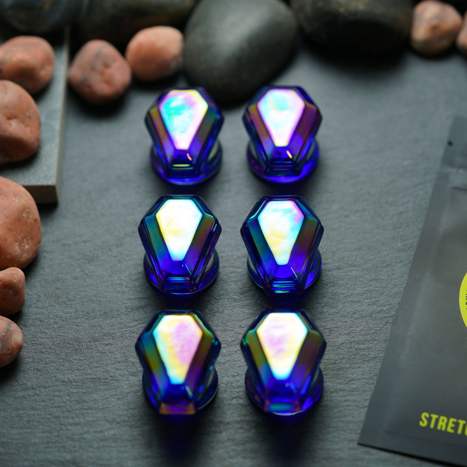 Rainbow Coffin Faced Glass Double Flare Plug Group Shot