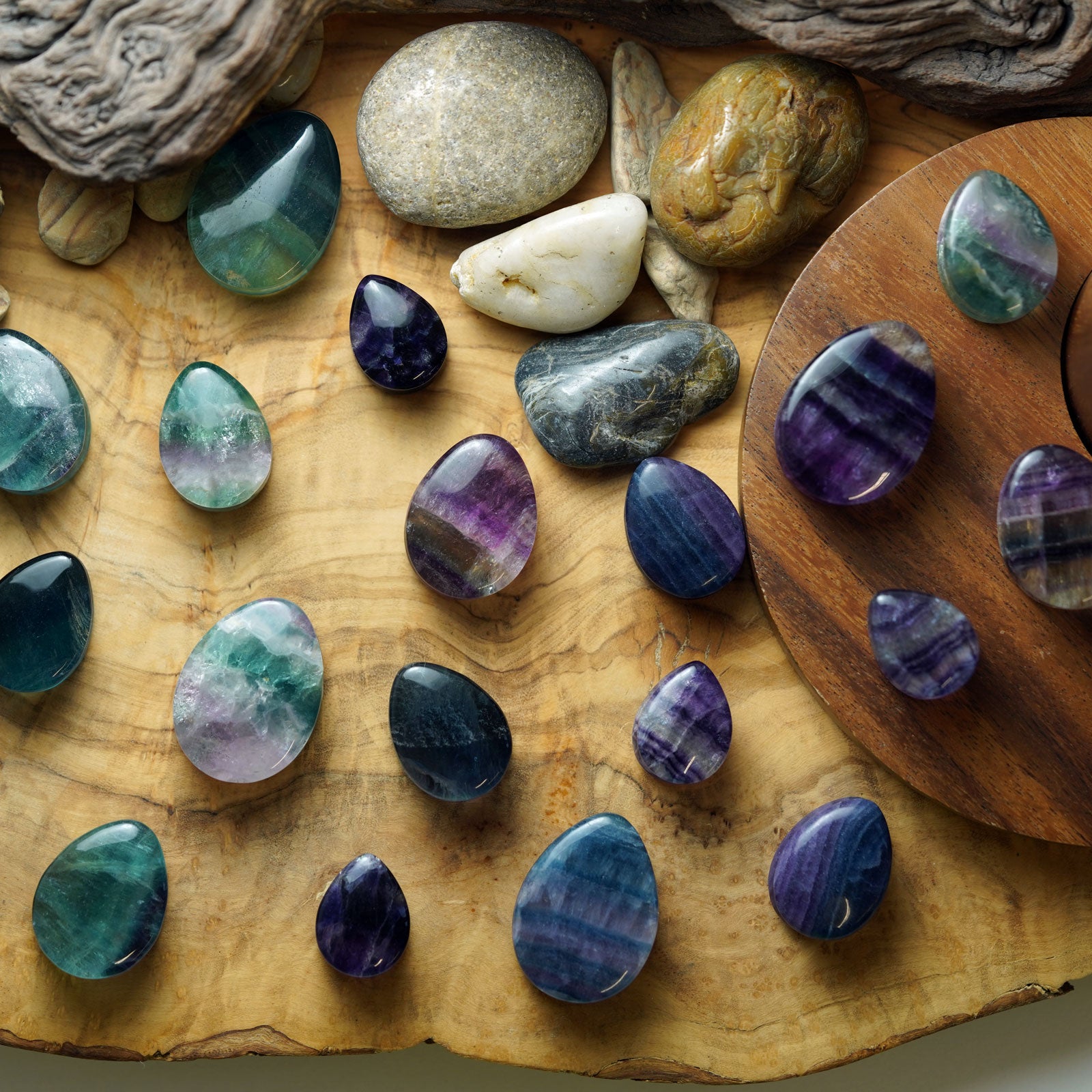 Rainbow Fluorite Double Flare Convex Teardrop Plug Group Shot