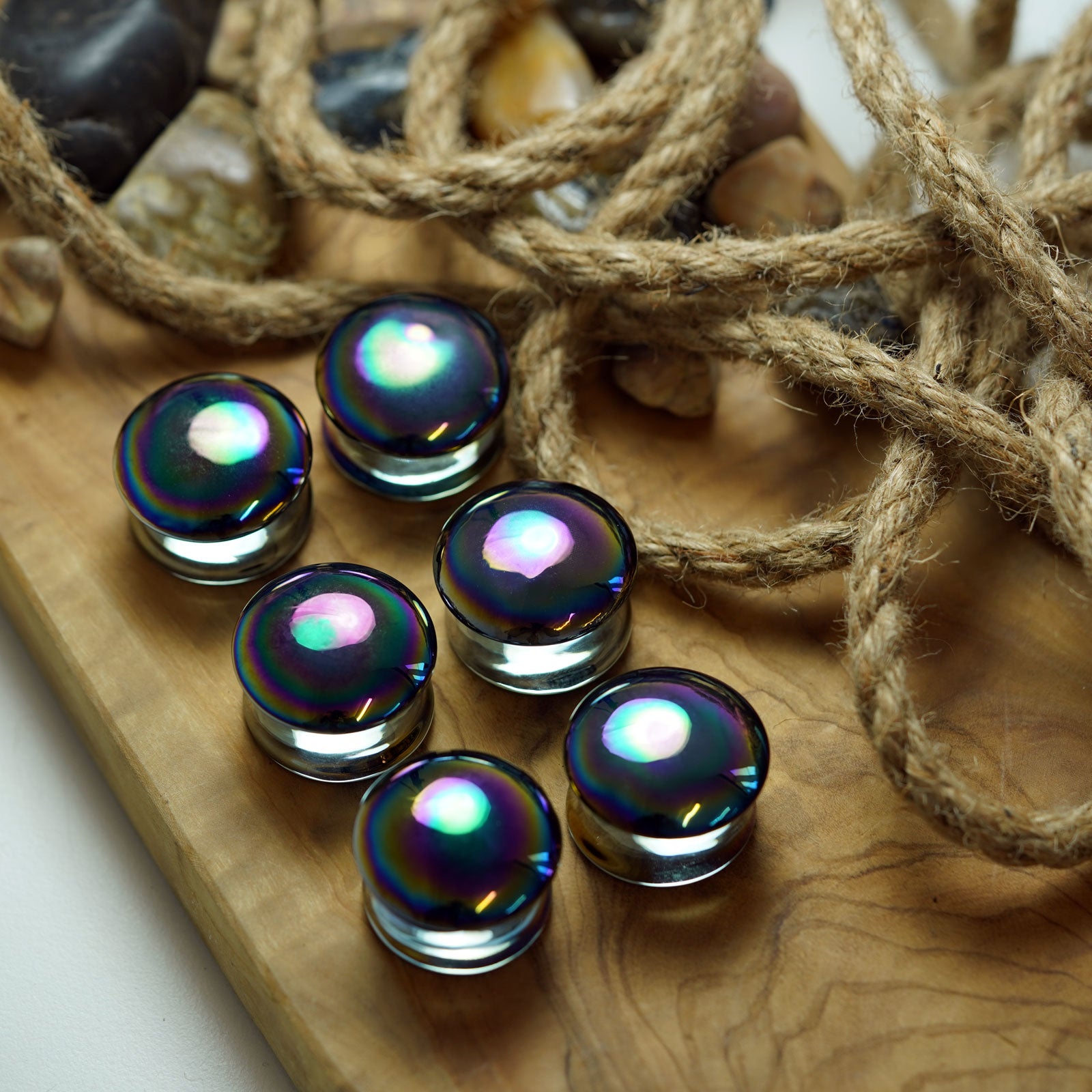 Rainbow Oil Slick Glass Double Flare Plug Group Shot