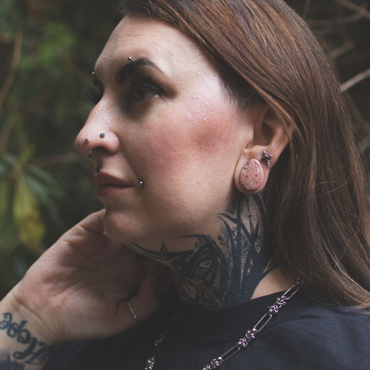 Rhodonite Double Flare Convex Teardrop Plug Model Shot Two