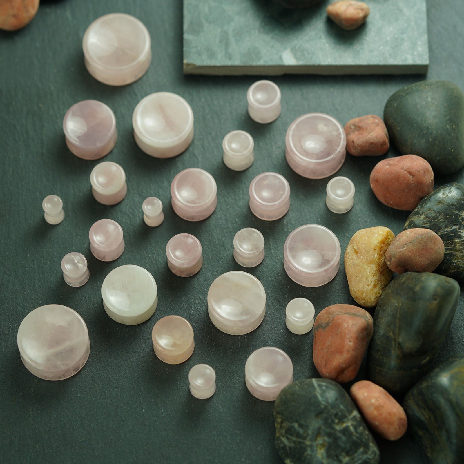 Rose Quartz Double Flare Concave Stone Plug Group Shot