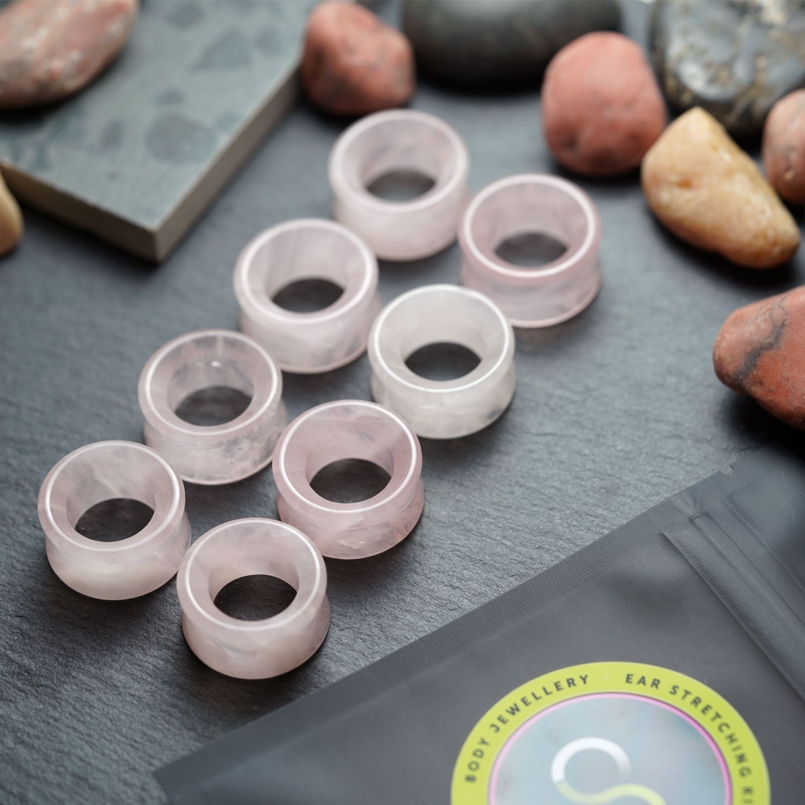 Rose Quartz Double Flare Concave Stone Tunnel Group Shot