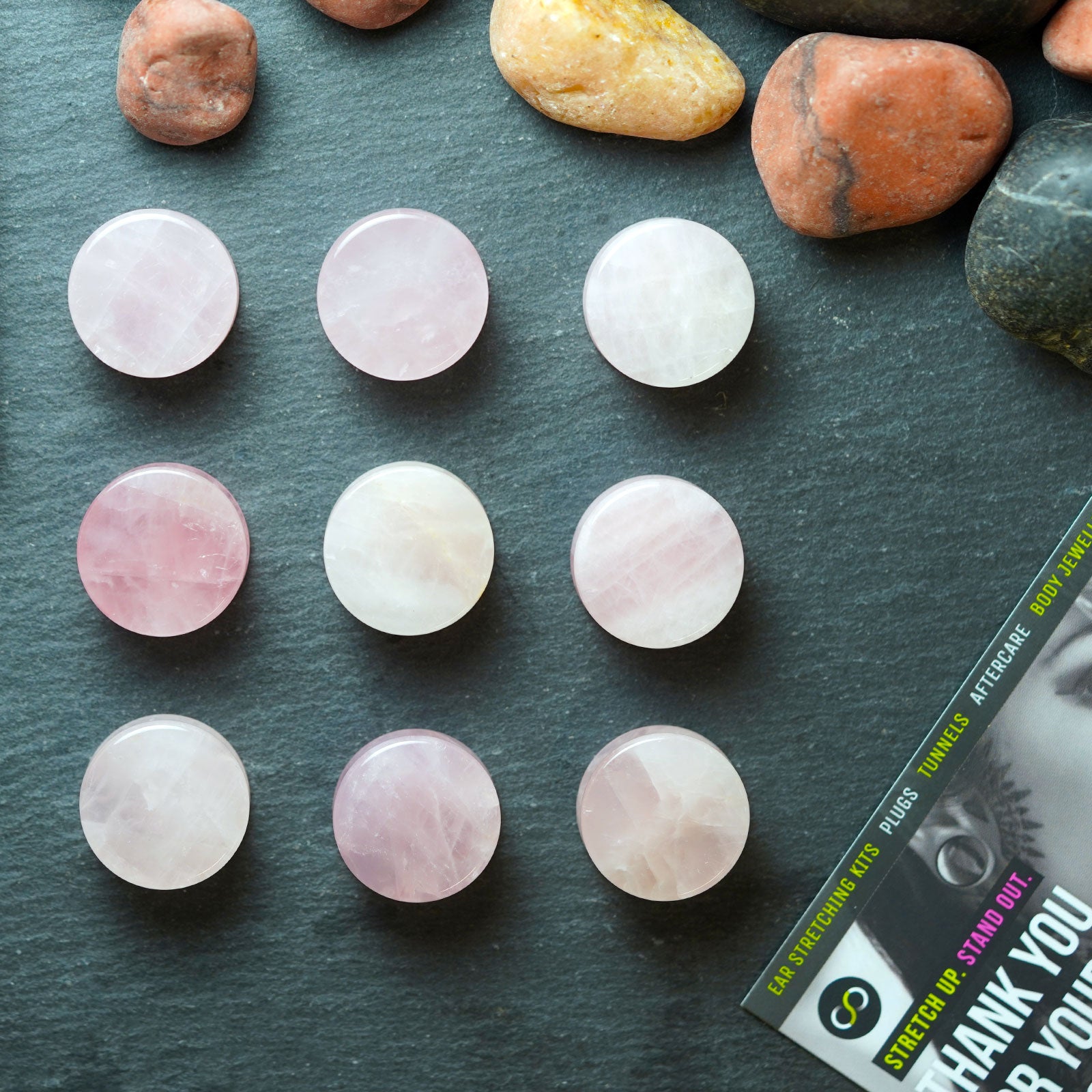 Rose Quartz Double Flare Stone Plug Group Shot