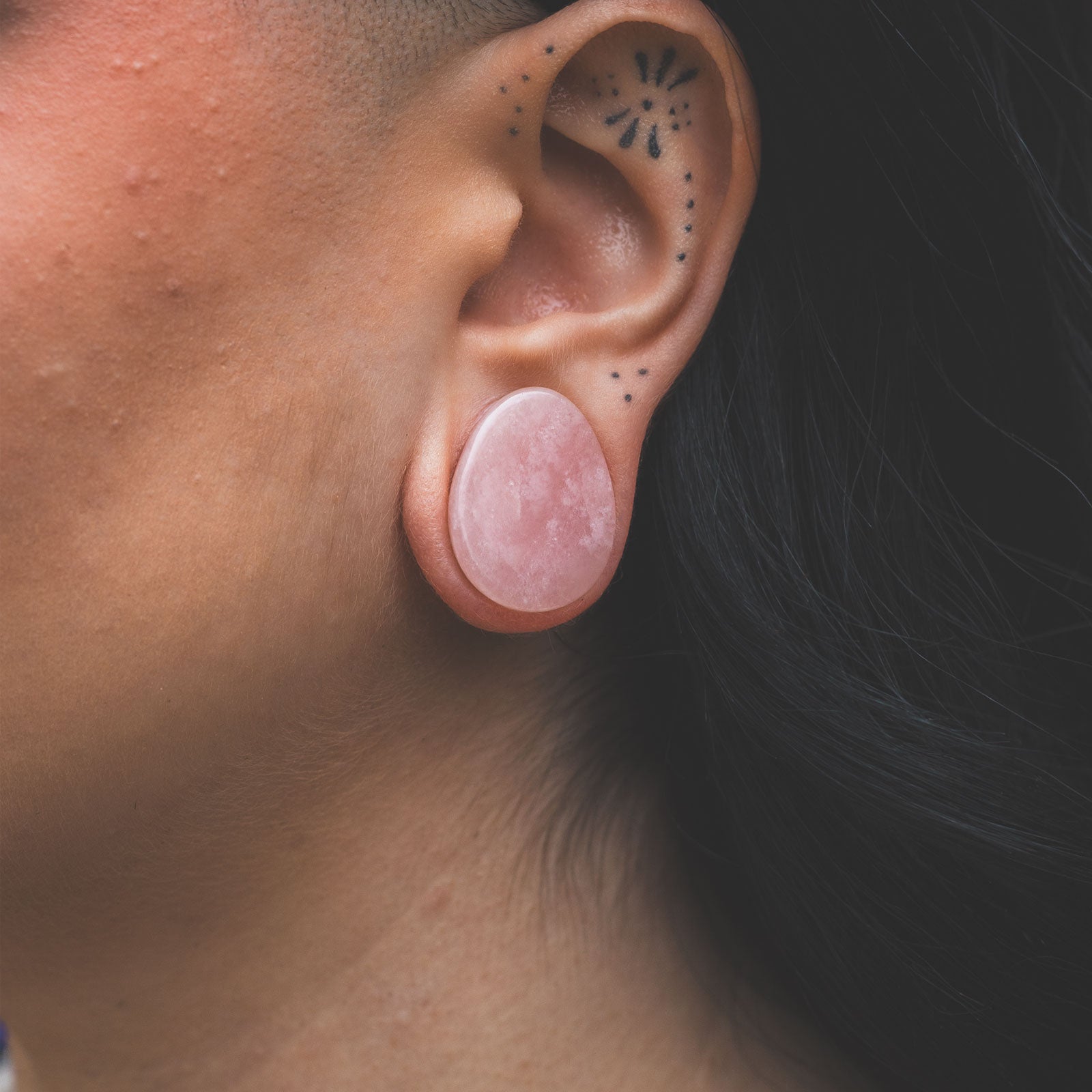 Rose Quartz Double Flare Teardrop Plug Model Shot Close Up