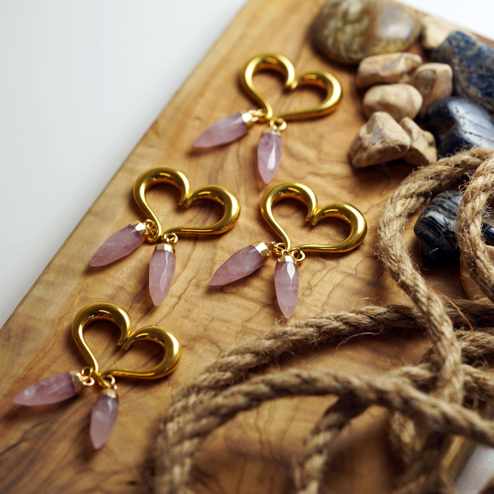 Rose Quartz Faceted Pendant With Gold PVD Hook Mini Ear Weight Group Shot