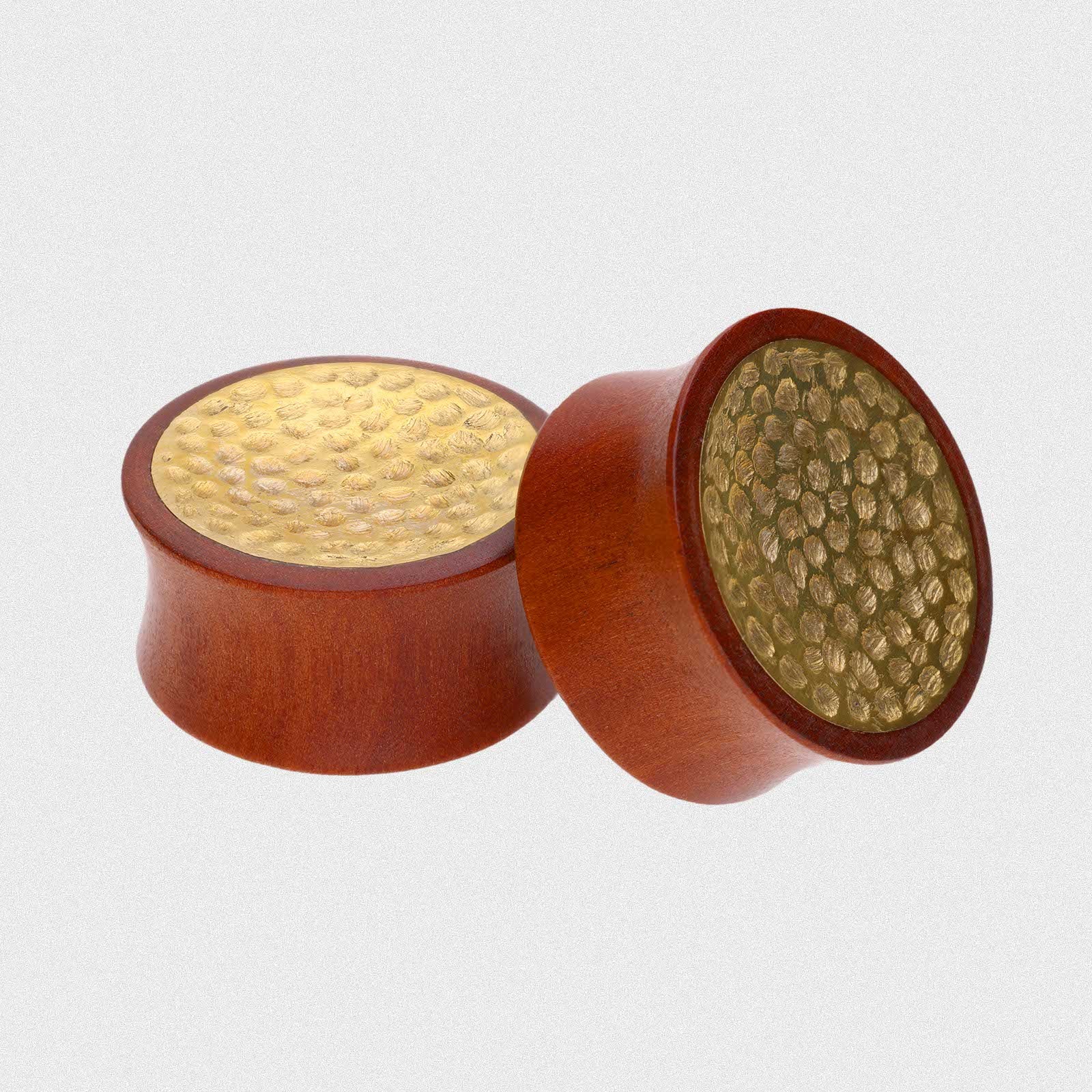 Saba Wood Double Flare Plug With Hammered Brass Concave Disc Inlay