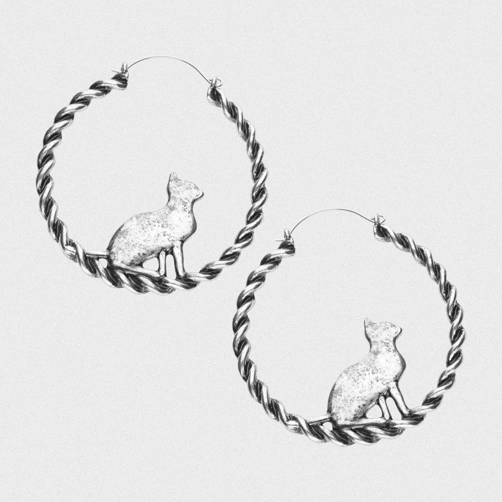 Sitting Cat Antique Silver Plug Hoops