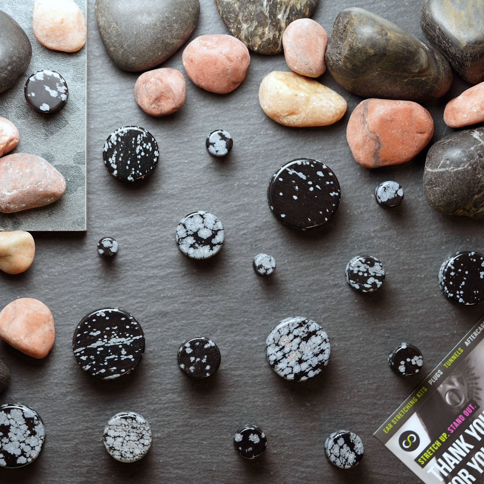 Snowflake Obsidian Double Flare Stone Plug Group Shot