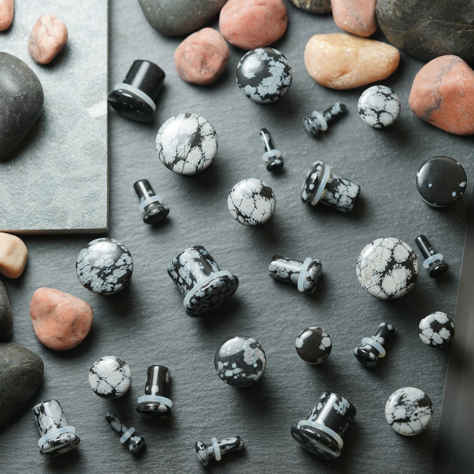 Snowflake Obsidian Single Flare Convex Stone Plug Group Shot