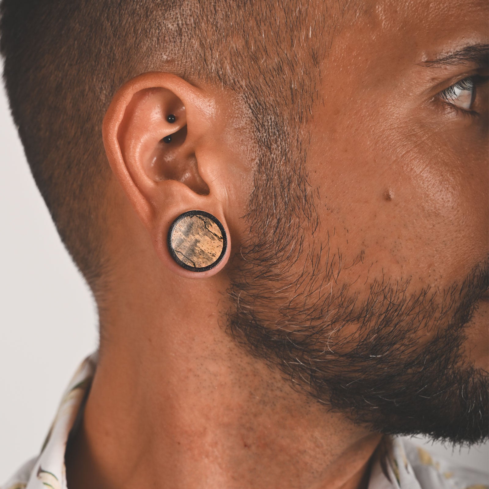 Sono Wood Double Flare Concave Plug With Tamarind Wood Inlay Model Shot Close Up