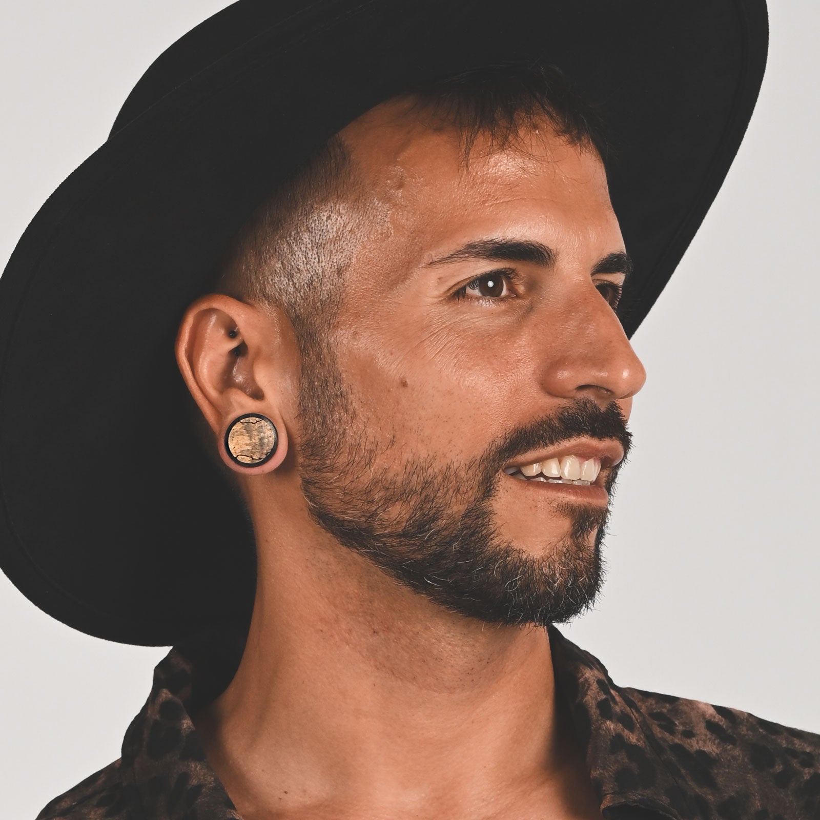 Sono Wood Double Flare Concave Plug With Tamarind Wood Inlay Model Shot Male