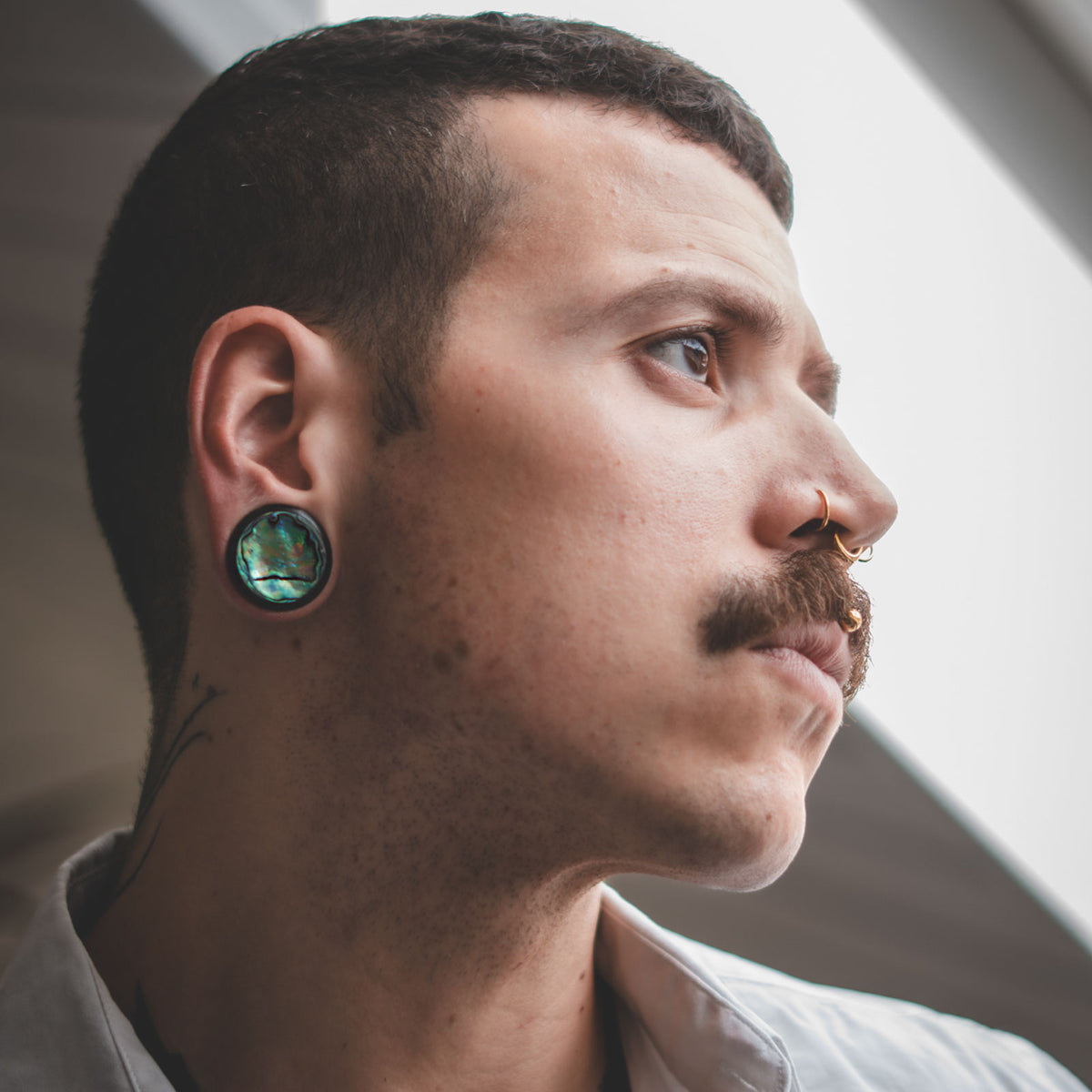 Sono Wood Double Flare Plug With Abalone Shell Inlay Model Shot Male