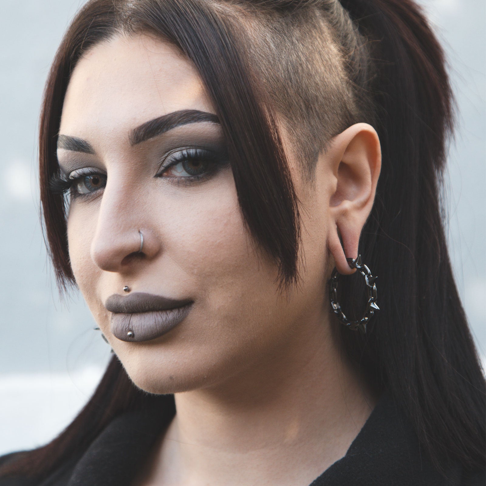 Spike Chain Hoop Gunmetal Grey PVD Ear Weight Model Shot