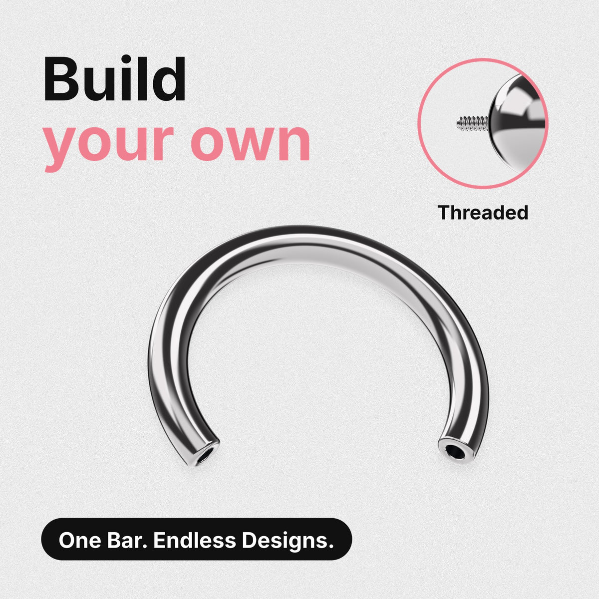 Build your own titanium threaded circular horseshoe barbell – one bar, endless designs. Close-up shows a threaded top's screw post