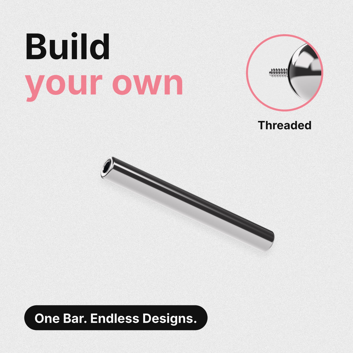 Build your own titanium threaded straight barbell – one bar, endless designs. Close-up shows a threaded top's screw post