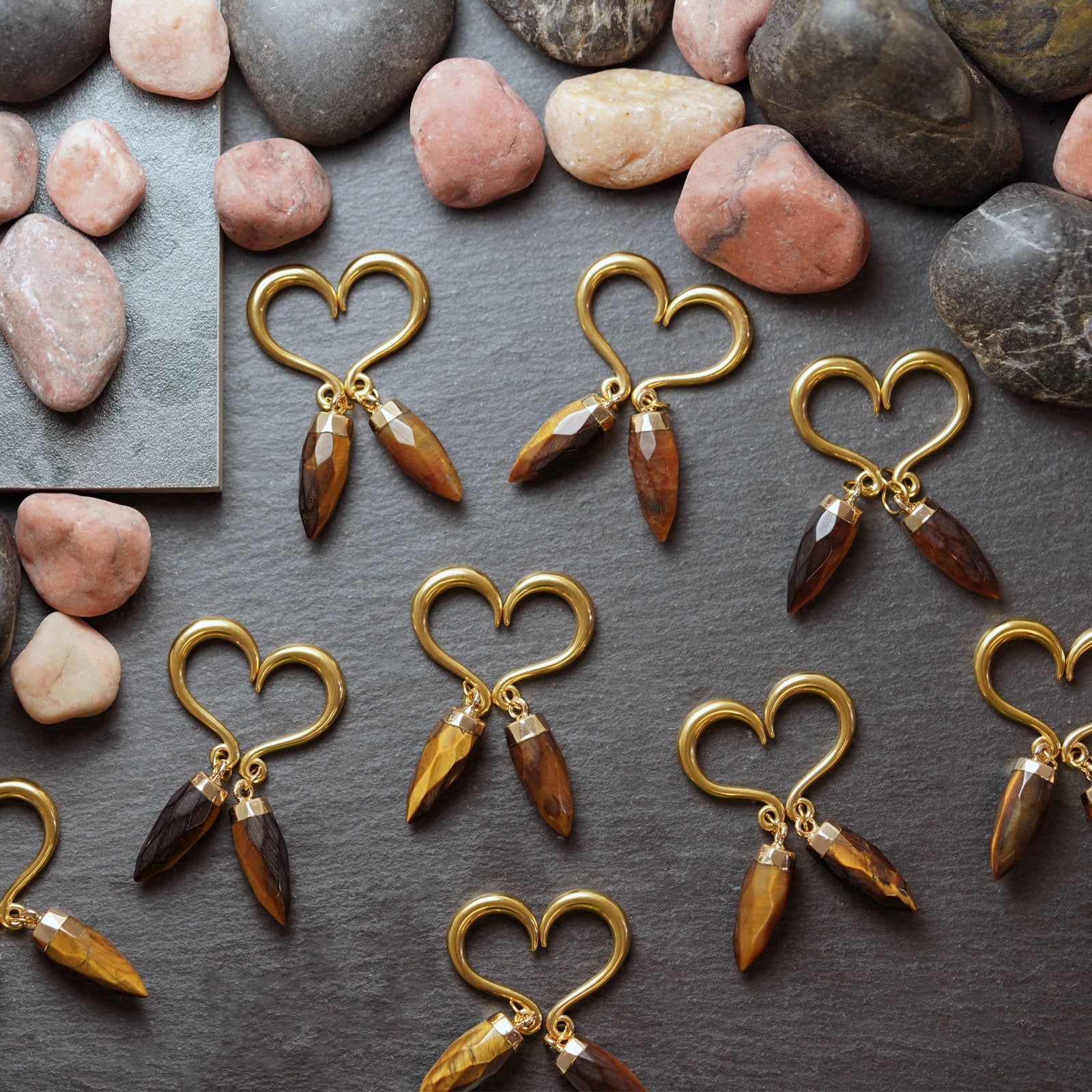 Tiger's Eye Faceted Pendant With Gold PVD Hook Mini Ear Weight Group Shot