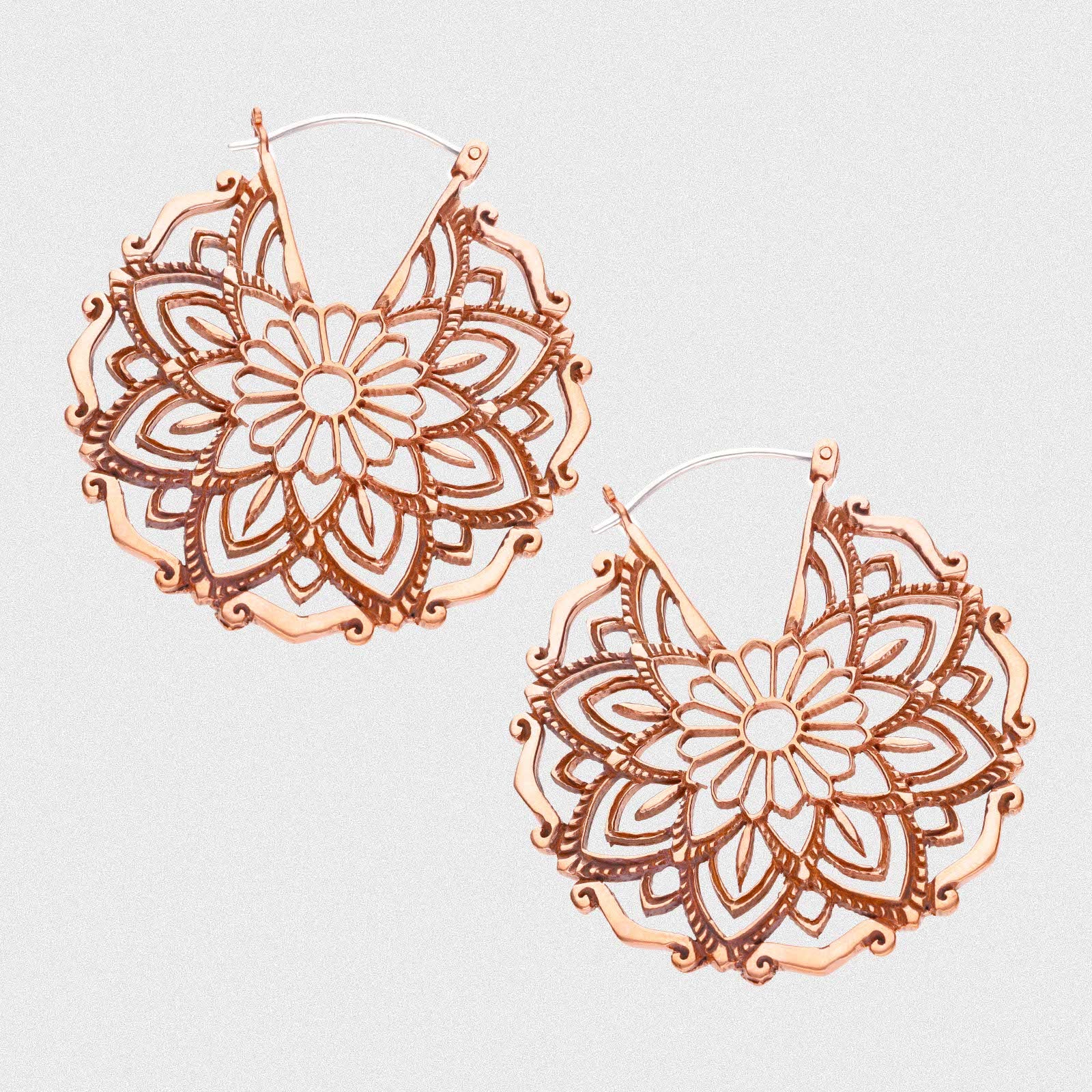 Tribal Flower Copper & Silver Plug Hoops