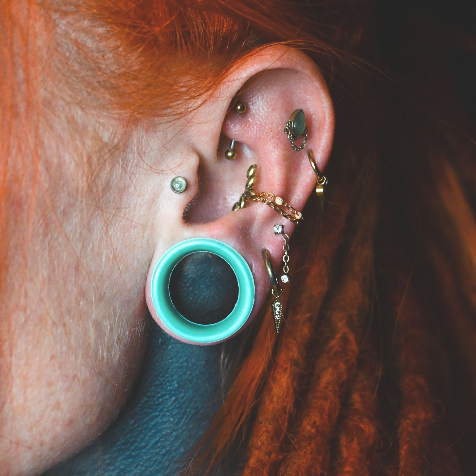 Turquoise Pearl Silicone Double Flare Tunnel Model Shot Close Up