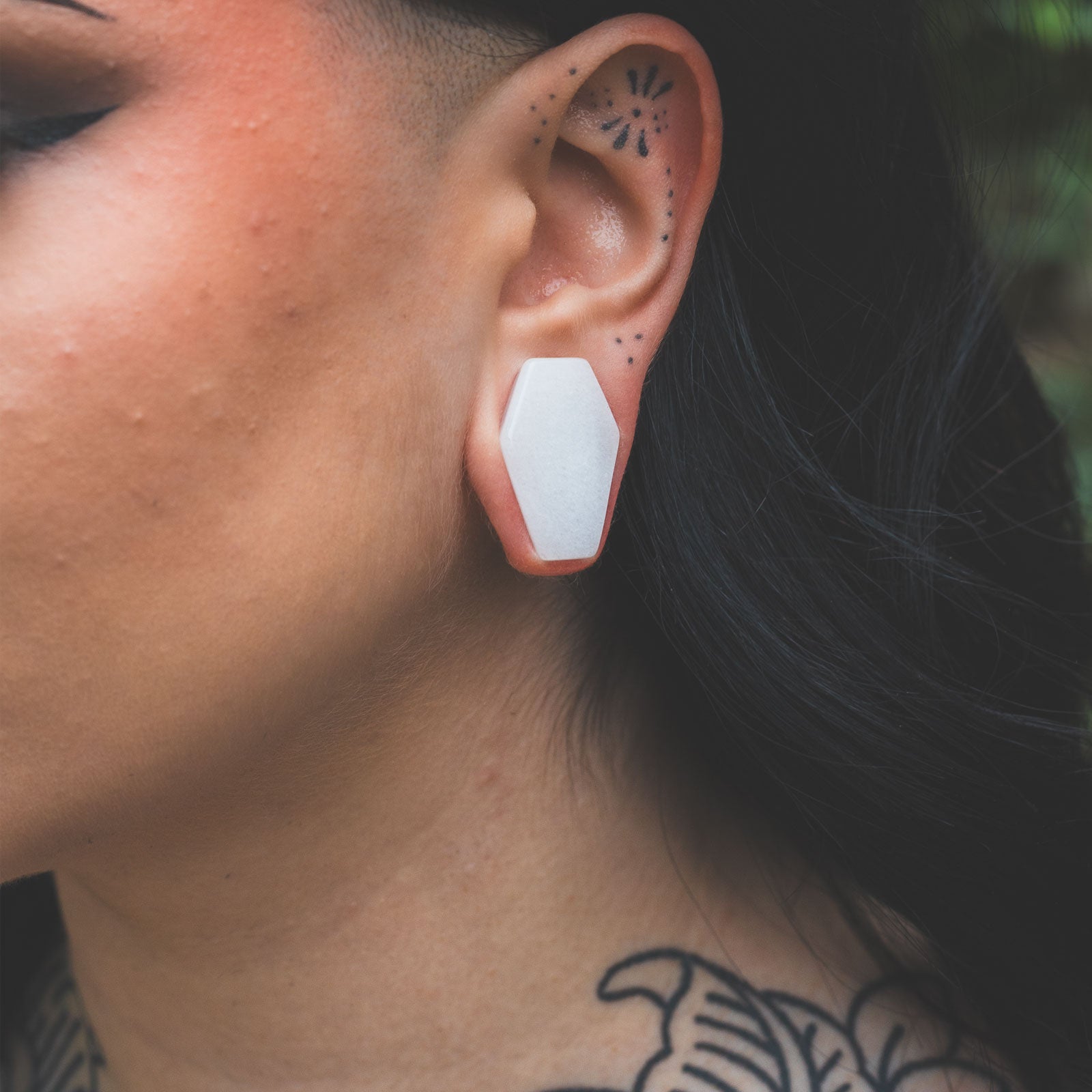 White Jade Double Flare Coffin Stone Plug Model Shot Close Up