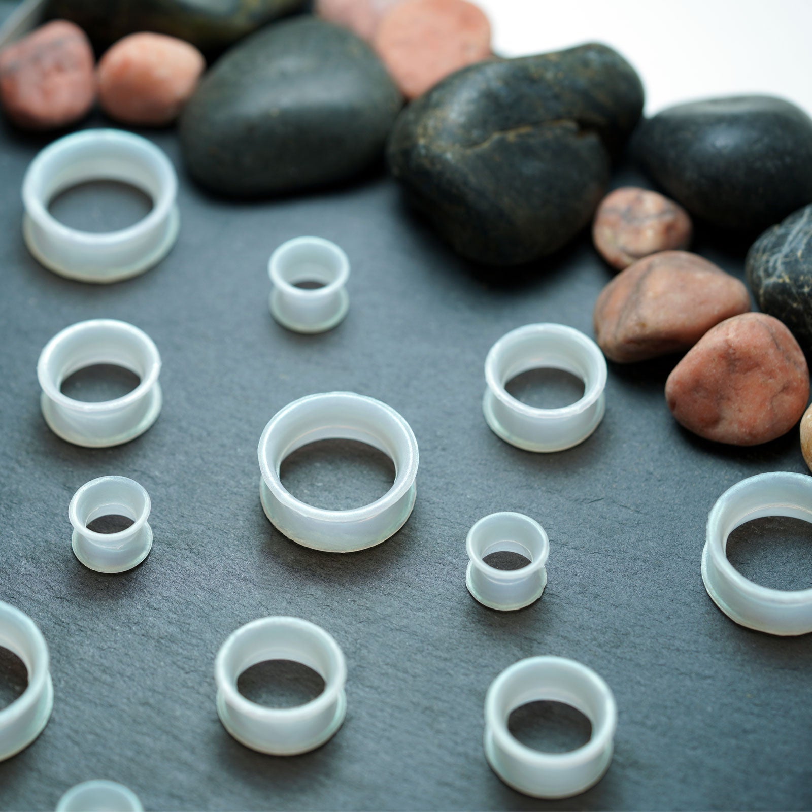 White Pearl Silicone Double Flare Tunnel Group Shot