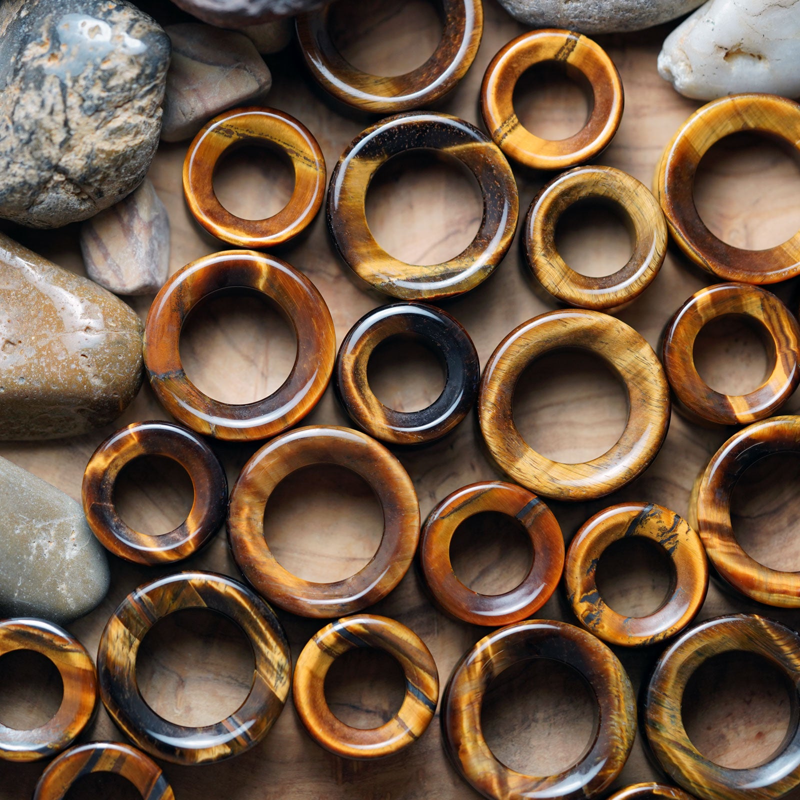 Yellow Tiger's Eye Double Flare Concave Stone Tunnel Group Shot