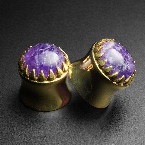Brass Saddle Fit Double Flare Plug With Amethyst Stone Inlay