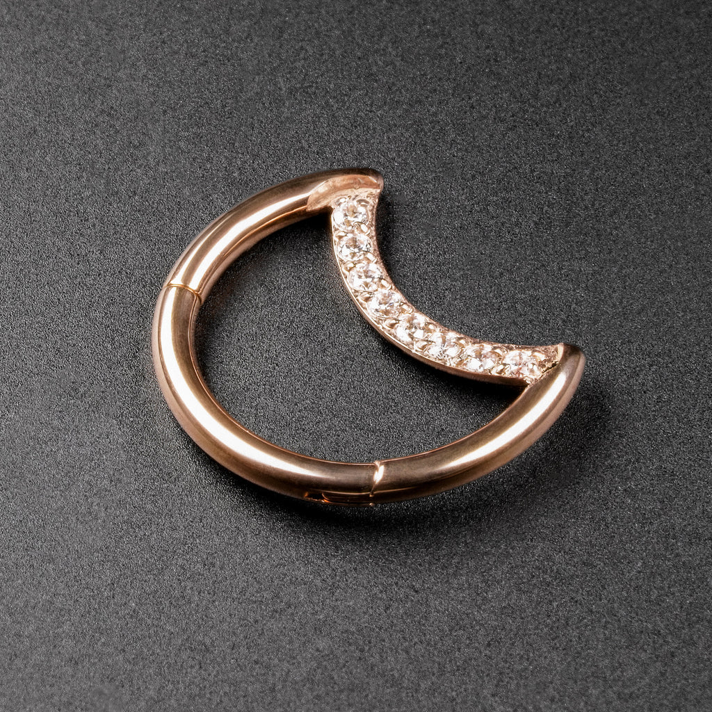 Crescent Bejewelled Rose Gold PVD Titanium Hinged Segment Daith Earring