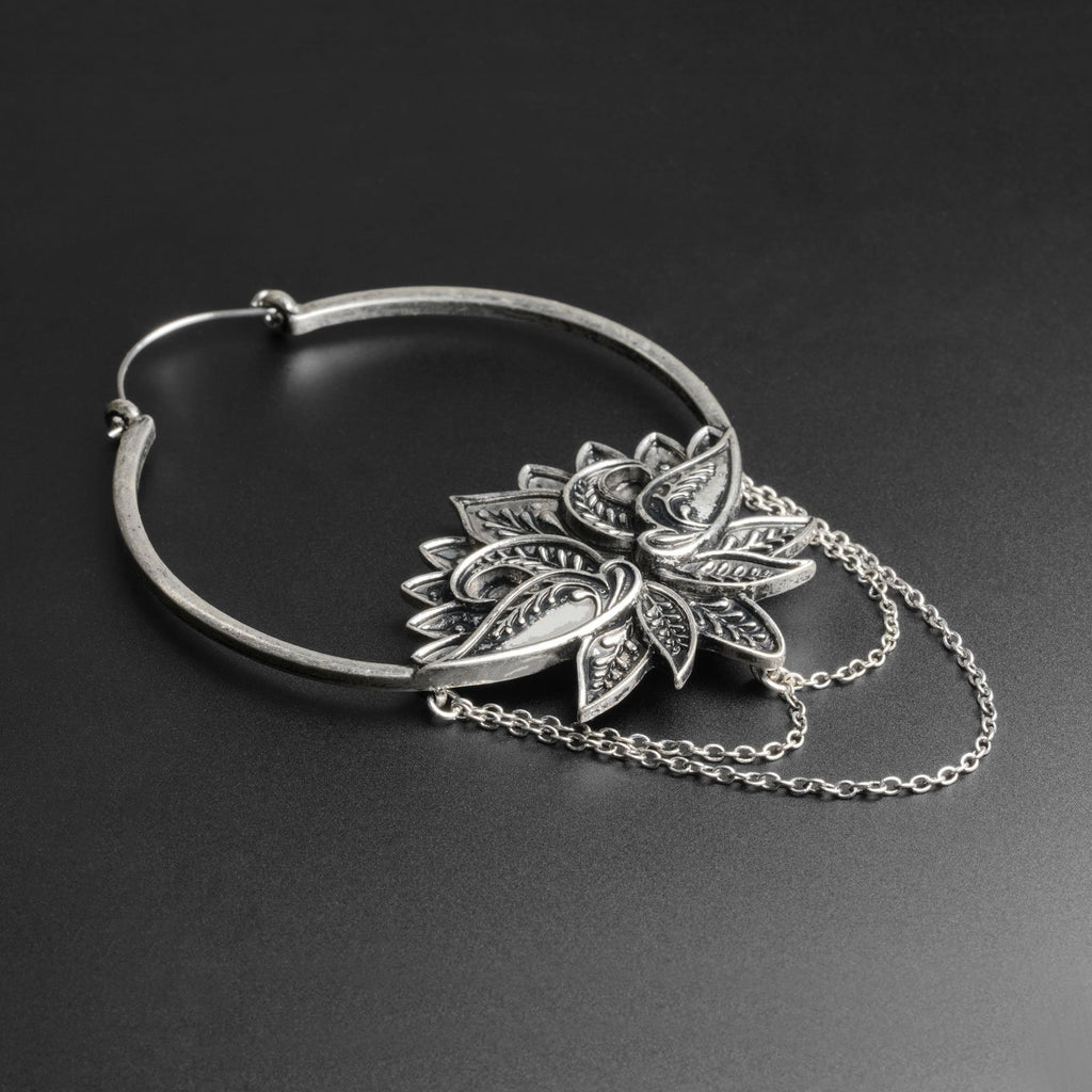 Lotus Chain Antique Silver Plug Hoops | Stretch It Body Jewellery