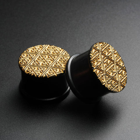 Areng Wood Double Flare Plug With Laser Engraved Gold Regal Pattern