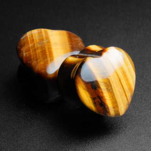 Yellow Tiger's Eye Heart Shaped Double Flare Stone Plug
