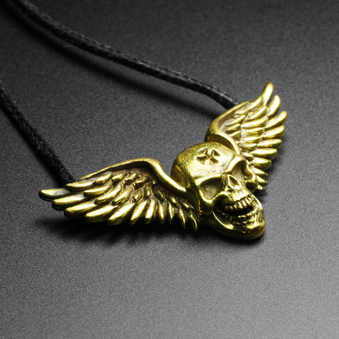 Winged Skull Brass Pendant With Adjustable Cord Necklace