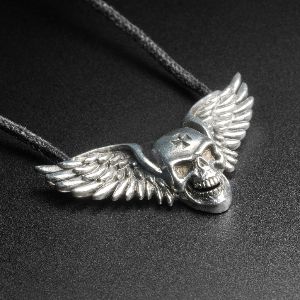 Winged Skull White Brass Pendant With Adjustable Cord Necklace