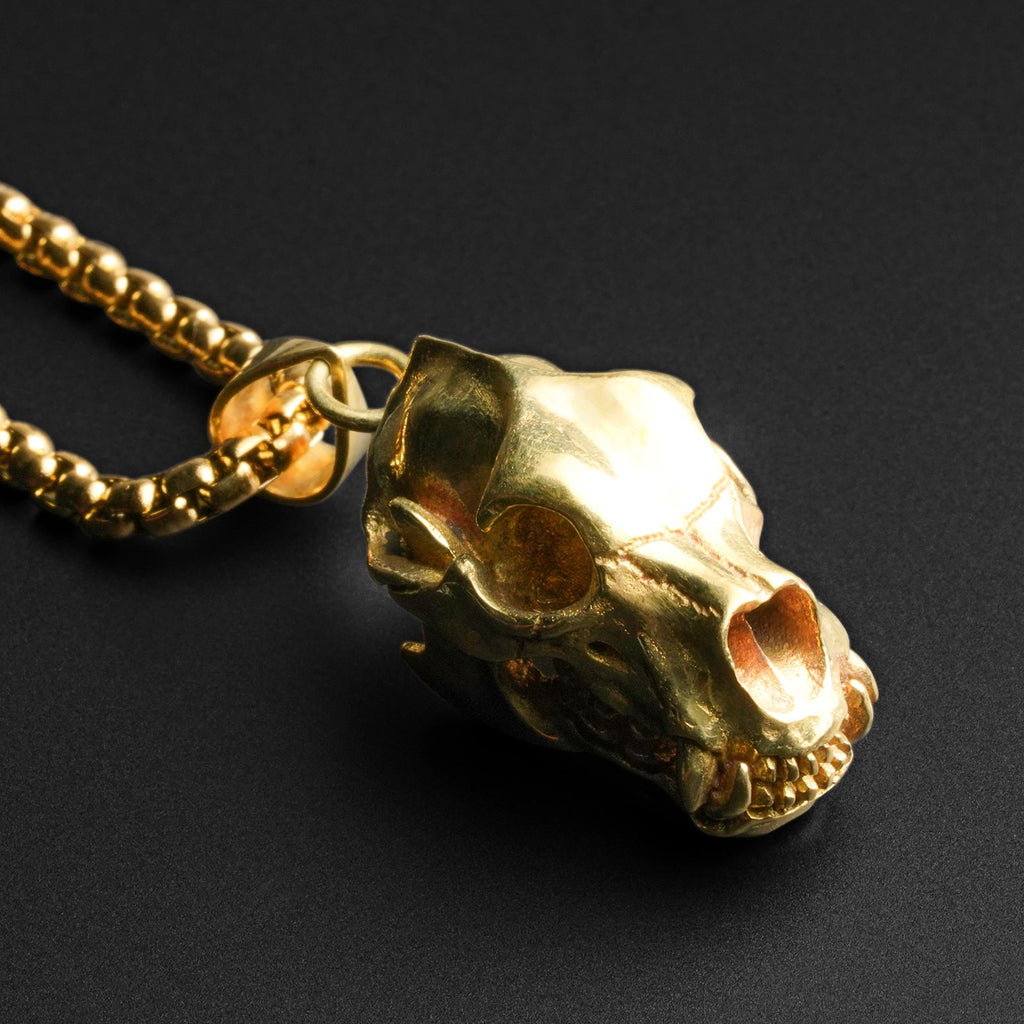 Bear Skull Brass Pendant With 18k Gold Box Chain