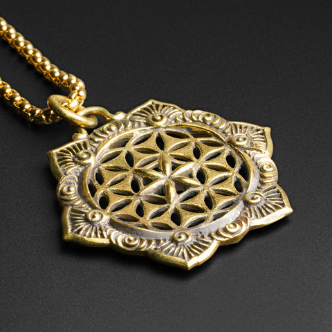 Brass Seed Of Life Flower Pendant With 18k Gold Box Chain