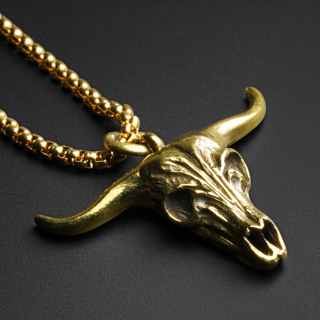 Bull Skull Brass Pendant With 18k Gold Box Chain