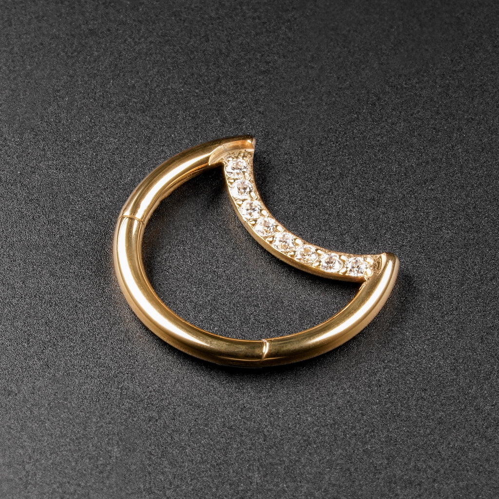 Crescent Bejewelled Gold PVD Titanium Hinged Segment Daith Earring