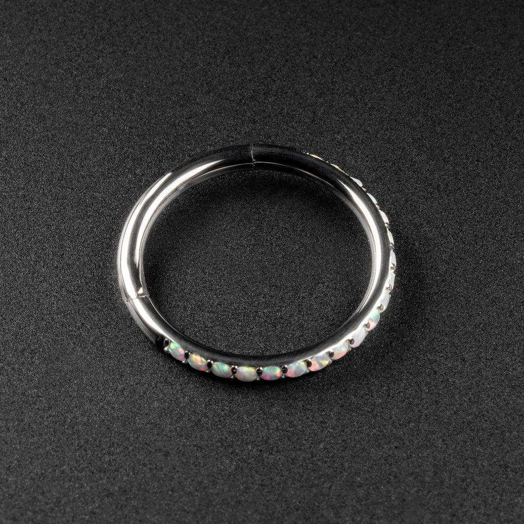 Edged Fire & Snow Synth Opal Titanium Hinged Segment Ring