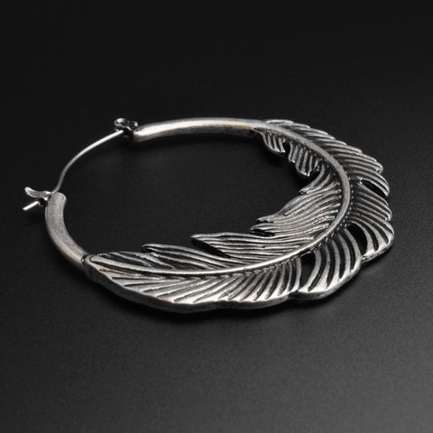 Feather Antique Silver Plug Hoops