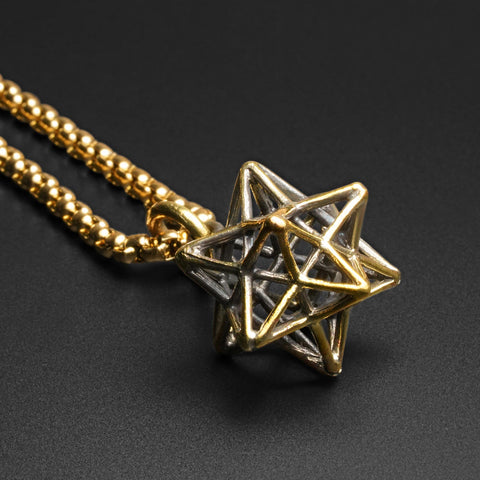 Geometric 3D Star Brass Pendant With 18k Gold Box Chain