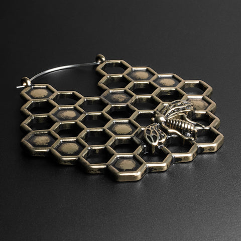 Honeycomb with Bee Brass Plated Plug Hoops
