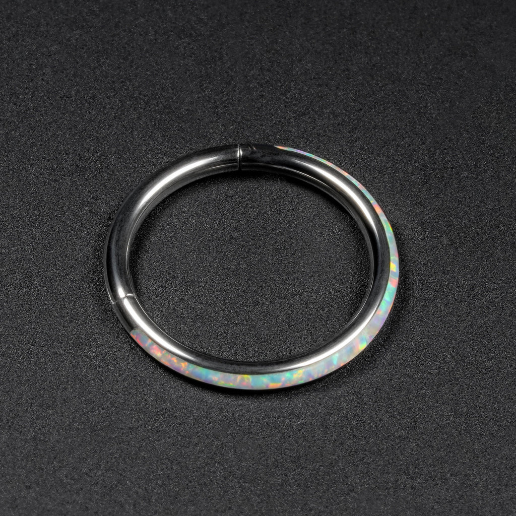 Inlaid Fire & Snow Synth Opal Titanium Hinged Segment Ring