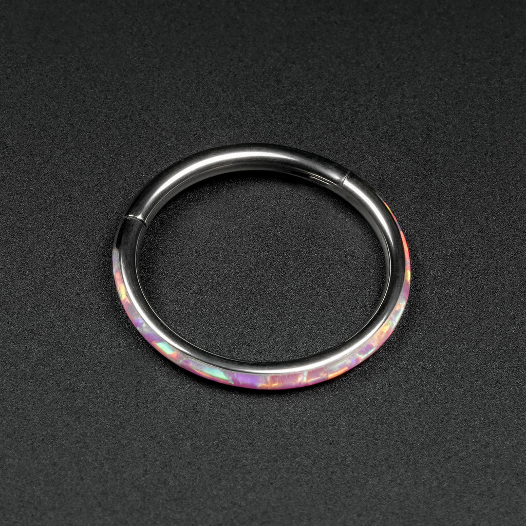 Inlaid Rose Pink Synth Opal Titanium Hinged Segment Ring
