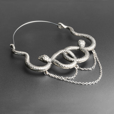 Linked Snakes Antique Silver Plug Hoops with Dangle Chain