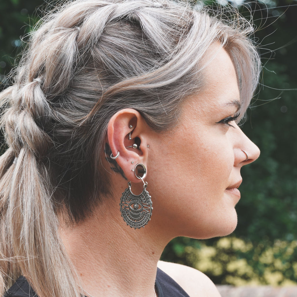 Mayan All Seeing Eye White Brass Plug Hoops | Ear Hangers | SIBJ ...
