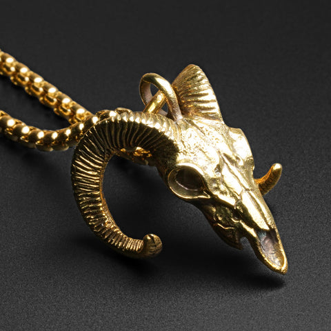 Ram Skull Brass Pendant With 18k Gold Box Chain