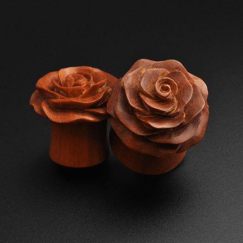 Saba Wood Double Flare Plug With Rose Bud Carving